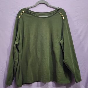 Kim Rogers Olive Green Long Sleeve Top with Gold Shoulder Buttons